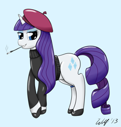 Size: 1765x1857 | Tagged: safe, artist:ookamithewolf1, character:rarity, beret, cigarette, cigarette holder, female, simple background, smoking, solo