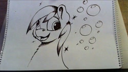 Size: 1042x586 | Tagged: safe, artist:xormak, derpibooru original, character:derpy hooves, species:pegasus, species:pony, adorable face, cute, female, mare, monochrome, solo, traditional art