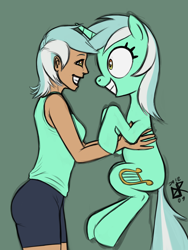 Size: 1200x1600 | Tagged: safe, artist:ldr, character:lyra heartstrings, species:human, species:pony, species:unicorn, duo, eye contact, female, green background, grin, holding, holding a pony, human ponidox, humanized, irrational exuberance, looking at each other, ponidox, self paradox, simple background, smiling