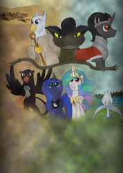 Size: 900x1262 | Tagged: safe, artist:sirvalter, character:king sombra, character:princess celestia, character:princess luna, oc, oc:grifn the grand, oc:isset, oc:lamia (soulscar), species:alicorn, species:griffon, species:pony, species:unicorn, fanfic:steyblridge chronicle, fanfic:the sinuous way, female, horn, male, mare, prequel, snake, stallion, wings