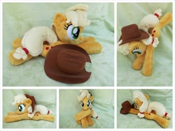 Size: 1600x1200 | Tagged: safe, artist:equinepalette, character:applejack, species:earth pony, species:pony, applejack's hat, beanie (plushie), clothing, cowboy hat, female, hat, irl, mare, photo, plushie, prone, solo