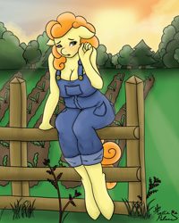 Size: 1600x2000 | Tagged: safe, artist:katiespalace, character:carrot top, character:golden harvest, species:anthro, species:unguligrade anthro, blushing, boob freckles, breasts, busty carrot top, cleavage, cutie top, female, fence, floppy ears, freckles, garden, naked overalls, overalls, shoulder freckles, solo