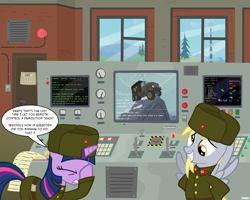 Size: 2560x2048 | Tagged: safe, artist:a4r91n, character:derpy hooves, character:twilight sparkle, species:pegasus, species:pony, clothing, comic, command and conquer, computer, female, hat, high res, konami code, mare, parody, red alert, soviet, tetris, uniform