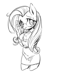 Size: 700x944 | Tagged: safe, artist:nitronic, character:fluttershy, species:anthro, blushing, clothing, cute, dress, female, glasses, monochrome, skirt, solo