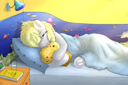 Size: 2400x1600 | Tagged: safe, artist:h3nger, character:derpy hooves, species:pegasus, species:pony, bed, bedroom, cute, derpabetes, female, fluffy, food, frog (hoof), morning ponies, muffin, solo, underhoof