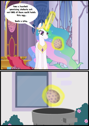 Size: 790x1117 | Tagged: safe, artist:bbbhuey, character:princess celestia, species:alicorn, species:pony, episode:the cutie re-mark, bad end, egg, female, into the trash it goes, mare, sad, solo, spike's egg, trash, trash can