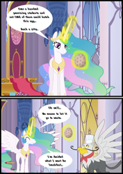 Size: 790x1117 | Tagged: safe, artist:bbbhuey, character:gustave le grande, character:princess celestia, species:alicorn, species:griffon, species:pony, episode:the cutie re-mark, bad end, canterlot throne room, comic, dark comedy, dialogue, dragon egg, duo, egg, female, gustave le grande, implied spike, magic, magic aura, male, mare, speech bubble, spike's egg, telekinesis, this will end in death, this will end in tears and/or breakfast