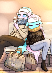 Size: 1378x1946 | Tagged: safe, artist:sigpi, character:aloe, character:lotus blossom, species:anthro, bag, bags, bench, cellphone, clothing, earbuds, jacket, lotus, pants, phone, pixiv, scarf, sharing headphones, sleeping, spa twins, winter