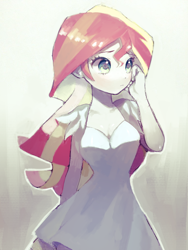 Size: 768x1024 | Tagged: safe, artist:nitronic, character:sunset shimmer, species:human, beautiful, breasts, cleavage, clothing, cute, dress, female, humanized, looking away, shimmerbetes, shy, simple background, solo, sundress, white background, white dress