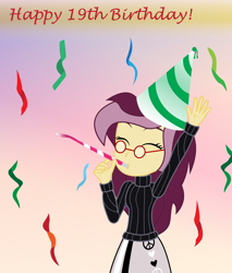 Size: 2000x2351 | Tagged: safe, artist:amante56, oc, oc only, oc:lannie lona, my little pony:equestria girls, beatnik, birthday, birthday gift, birthday party, clothing, confetti, eyes closed, hat, party, party hat, party horn, solo, sweater, turtleneck