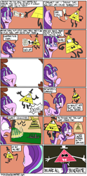Size: 1950x3939 | Tagged: safe, artist:timsplosion, character:starlight glimmer, species:pony, species:unicorn, bad end, bill cipher, comic, crossover, demon, female, gravity falls, male, mare, no pupils, orange background, pyramid, scroll, simple background