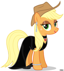 Size: 3600x3987 | Tagged: safe, artist:a4r91n, edit, character:applejack, species:earth pony, species:pony, alternate hairstyle, applejack's hat, bedroom eyes, bracelet, choker, clothing, cowboy hat, dress, earring, eyeshadow, fancy, fancyjack, female, freckles, hat, lipstick, loose hair, makeup, mare, piercing, shoes, simple background, solo, stetson, transparent background, vector