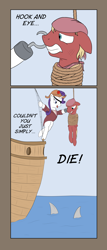Size: 4362x10157 | Tagged: safe, artist:arvaus, character:rarity, oc, species:pony, species:unicorn, absurd resolution, art of the dress, bipedal, eyepatch, female, hook, mare, ocean, peril, pirate, rope, shark, ship, tied up