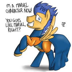 Size: 3000x3000 | Tagged: safe, artist:timsplosion, character:flash sentry, species:pegasus, species:pony, catchlights, clothing, commission, cosplay, costume, cute, flash sentry savior of the universe, grin, male, marvel, marvel comics, meme, namesake, nervous, nervous grin, no pupils, pun, rearing, smiling, solo, the sentry, this will end in tears