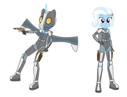 Size: 1021x782 | Tagged: safe, artist:amante56, character:trixie, my little pony:equestria girls, armor, blaster, bounty hunter, crossover, duel of the fates, energy weapon, female, gun, helmet, jango fett, mandalorian, simple background, solo, star wars, this will end in death, weapon