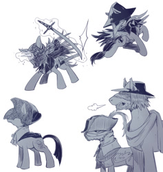 Size: 710x750 | Tagged: safe, artist:murai shinobu, bloodborne, bloody crow of cainhurst, clothing, crossover, eileen the crow, father gascoigne, hat, henryk, mask, monochrome, ponified, sword, tumblr, weapon