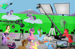 Size: 2860x1864 | Tagged: safe, artist:oinktweetstudios, character:fluttershy, character:rainbow dash, character:spike, character:starlight glimmer, character:twilight sparkle, character:twilight sparkle (alicorn), oc, species:alicorn, species:pony, episode:the cutie re-mark, animated actors, behind the scenes, boom mic, camera, clapperboard, computer, fan, female, filly, filly fluttershy, filly rainbow dash, green screen, hair dye, mare, microphone, stunt double