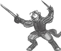 Size: 900x762 | Tagged: safe, artist:velgarn, species:anthro, species:earth pony, species:pony, duelist, fantasy, fencer, male, moustache, rapier, rpg, seeds of harmony, sketch, solo, stiletto, sword, weapon, weapon master