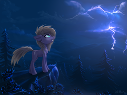 Size: 1400x1050 | Tagged: safe, artist:ramiras, oc, oc only, species:earth pony, species:pony, chest fluff, cliff, cloud, fir tree, forest, lightning, night, solo, stormcloud, tree