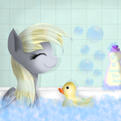Size: 900x900 | Tagged: safe, artist:chanceyb, character:derpy hooves, species:pegasus, species:pony, g4, bath, bubble, bubble bath, cute, eyes closed, female, folded wings, mare, profile, rubber duck, smiling, soap, solo, wings
