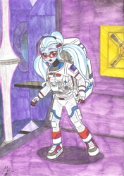 Size: 2469x3498 | Tagged: safe, artist:metaldudepl666, character:sugarcoat, equestria girls:friendship games, g4, my little pony: equestria girls, my little pony:equestria girls, astronaut, drawing, female, looking at you, open mouth, solo, space suit, story in the source, traditional art