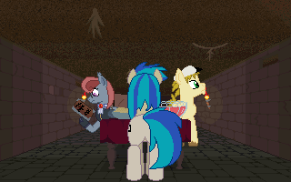 Size: 320x200 | Tagged: safe, artist:herooftime1000, character:dj pon-3, character:vinyl scratch, oc, oc:cryptania, oc:muscle milk, species:pony, species:unicorn, animated, butt, dungeon, female, letter, mare, octavia in the underworld's cello, pixel art, plot, still background