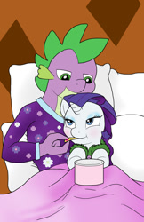 Size: 719x1112 | Tagged: safe, artist:bico-kun, character:rarity, character:spike, ship:sparity, bed, clothing, feeding, female, food, ice cream, male, older, older spike, pajamas, shipping, spoon, straight