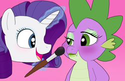 Size: 1024x663 | Tagged: safe, artist:bico-kun, character:rarity, character:spike, ship:sparity, blushing, brush, eyeshadow, female, lipstick, magic, makeover, makeup, male, shipping, straight