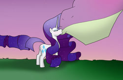 Size: 1024x663 | Tagged: safe, artist:bico-kun, character:rarity, character:spike, ship:sparity, alternate hairstyle, female, kissing, male, older, older spike, princess rarity, shipping, size difference, straight
