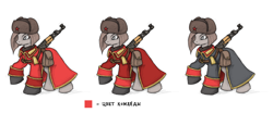 Size: 1200x500 | Tagged: safe, artist:cyrilunicorn, ak-47, assault rifle, clothing, command and conquer, conscript, greatcoat, gun, hat, ponified, raised hoof, red alert, red alert 3, rifle, russian, simple background, soviet, translated in the description, trio, uniform, ushanka, weapon, white background