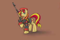 Size: 1800x1200 | Tagged: safe, artist:cyrilunicorn, character:sunset shimmer, species:pony, species:unicorn, clothing, command and conquer, crossover, cutie mark, dragunov svd, female, gun, hat, hooves, horn, mare, natasha volkova, red alert, red alert 3, red eyes, rifle, simple background, sniper rifle, solo, soviet, soviet shimmer, uniform, video game, weapon