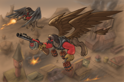 Size: 1800x1200 | Tagged: safe, artist:cyrilunicorn, species:griffon, air raid, appleloosa, command and conquer, ponified, red alert, red alert 3, soviet, video game, weapon