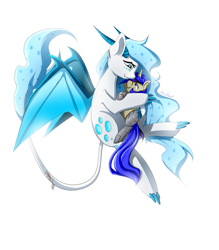 Size: 962x1100 | Tagged: safe, artist:skyeypony, oc, oc only, oc:crystal vision, oc:katisha, species:dracony, species:longma, amputee, claws, cyborg, horns, hug, hybrid, simple background, size difference, white background