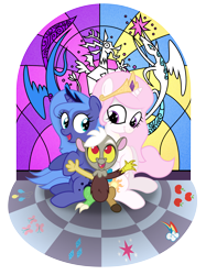 Size: 8333x11150 | Tagged: safe, artist:agamnentzar, artist:tim015, character:discord, character:princess celestia, character:princess luna, absurd resolution, cewestia, filly, pink-mane celestia, woona, younger