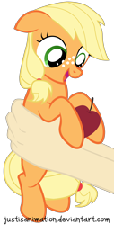 Size: 3208x6292 | Tagged: safe, artist:justisanimation, character:applejack, species:earth pony, species:human, species:pony, apple, cute, eyes on the prize, female, filly, filly applejack, food, freckles, hand, holding a pony, jackabetes, justis holds a pony, open mouth, simple background, smiling, that pony sure does love apples, transparent background, younger