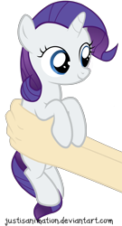 Size: 3778x6972 | Tagged: safe, artist:justisanimation, character:rarity, species:human, species:pony, species:unicorn, cute, female, filly, filly rarity, hand, holding a pony, justis holds a pony, offscreen character, raribetes, simple background, smiling, solo focus, transparent background, vector, younger