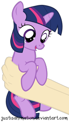 Size: 3472x6097 | Tagged: safe, artist:justisanimation, character:twilight sparkle, species:human, species:pony, species:unicorn, cute, female, filly, filly twilight sparkle, hand, holding a pony, justis holds a pony, offscreen character, simple background, solo, transparent background, twiabetes, vector, younger