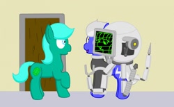 Size: 1280x786 | Tagged: safe, artist:minty candy, oc, oc only, oc:pearl, oc:static charge, species:earth pony, species:pony, fallout equestria, artificial intelligence, clothing, door, fallout equestria: empty quiver, indoors, mister handy, robot, screen, story, surprised