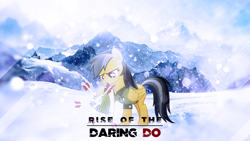 Size: 2560x1440 | Tagged: safe, artist:antylavx, artist:birthofthepheonix, edit, character:daring do, clothing, hat, mountain, mouth hold, pith helmet, rise of the tomb raider, tomb raider, wallpaper, wallpaper edit