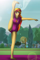 Size: 3075x4588 | Tagged: safe, artist:tyron91, character:sunset shimmer, my little pony:equestria girls, barefoot, breasts, busty sunset shimmer, feet, female, fitness, flexible, lens flare, leotard, solo, standing splits, stretching