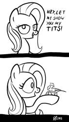 Size: 814x1438 | Tagged: safe, artist:derkrazykraut, character:fluttershy, species:bird, species:pegasus, species:pony, 2 panel comic, bait and switch, bedroom eyes, comic, female, looking at you, mare, monochrome, open mouth, pun, signature, smiling, solo, tit (bird), titmouse