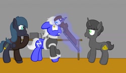 Size: 1280x749 | Tagged: safe, artist:minty candy, oc, oc only, oc:night strike, oc:static charge, species:earth pony, species:pegasus, species:pony, species:unicorn, fallout equestria, fallout equestria: empty quiver, gun, indoors, magic, rifle, shop, story, table, telekinesis, weapon
