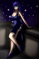 Size: 2500x3772 | Tagged: safe, artist:tyron91, character:princess luna, species:human, breasts, busty princess luna, cleavage, clothing, cutie mark on human, dress, eyebrow wiggle, female, gala dress, high heels, humanized, lipstick, looking at you, night, solo