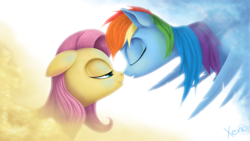 Size: 1920x1080 | Tagged: safe, artist:the1xeno1, character:fluttershy, character:rainbow dash, ship:flutterdash, eyes closed, female, floppy ears, lesbian, nuzzling, shipping