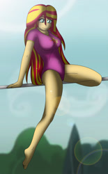 Size: 1867x3020 | Tagged: safe, artist:tyron91, character:sunset shimmer, my little pony:equestria girls, breasts, busty sunset shimmer, eyebrow wiggle, female, fitness, gymnastics, lens flare, leotard, looking at you, solo, tightrope