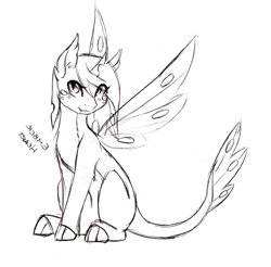 Size: 1885x1854 | Tagged: safe, artist:fuyusfox, oc, oc only, oc:ember heart, parent:queen chrysalis, parent:spike, parents:chryspike, species:changeling, species:dragon, cute, female, freckles, hybrid, interspecies offspring, monochrome, offspring, original species, smiling, solo