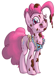 Size: 994x1326 | Tagged: safe, artist:derkrazykraut, character:pinkie pie, apron, chocolate, clothing, female, food, frosting, messy, solo