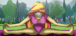 Size: 5240x2493 | Tagged: safe, artist:tyron91, character:sunset shimmer, my little pony:equestria girls, abs, breasts, busty sunset shimmer, cleavage, female, fitness, lens flare, leotard, looking at you, solo, splits, stretching, thunder thighs, yoga mat