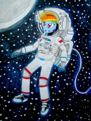 Size: 960x1280 | Tagged: safe, artist:metaldudepl666, part of a set, character:rainbow dash, my little pony:equestria girls, astrodash, astronaut, clothing, drawing, female, moon, poland, solo, space, space suit, traditional art