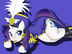 Size: 1200x900 | Tagged: safe, artist:umejiru, character:rarity, species:pony, species:unicorn, ancient wonderbolts uniform, blue background, blushing, clothing, female, hat, mare, open mouth, sgt. rarity, shako, simple background, solo, uniform